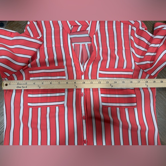 Express Vibrant Red and White Striped Button-Down Shirt - Picture 6 of 8